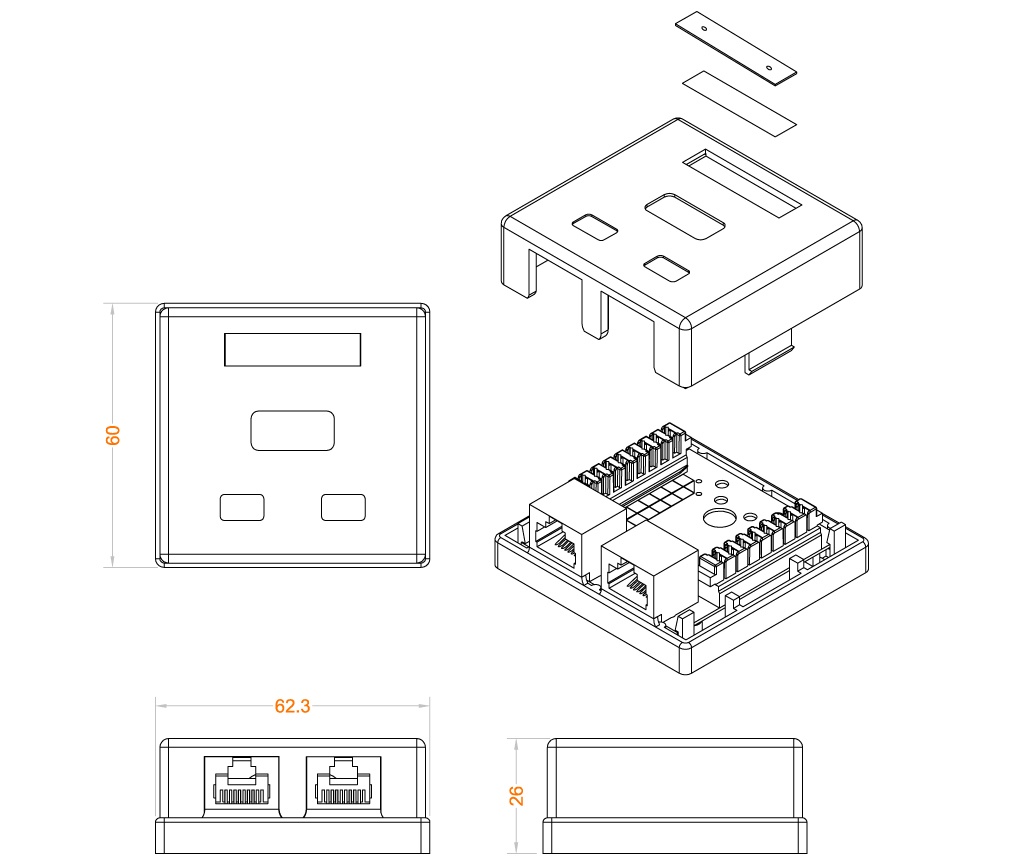 Сетевая розетка, накладная CAT 5e, UTP-RJ45, 2 портовая